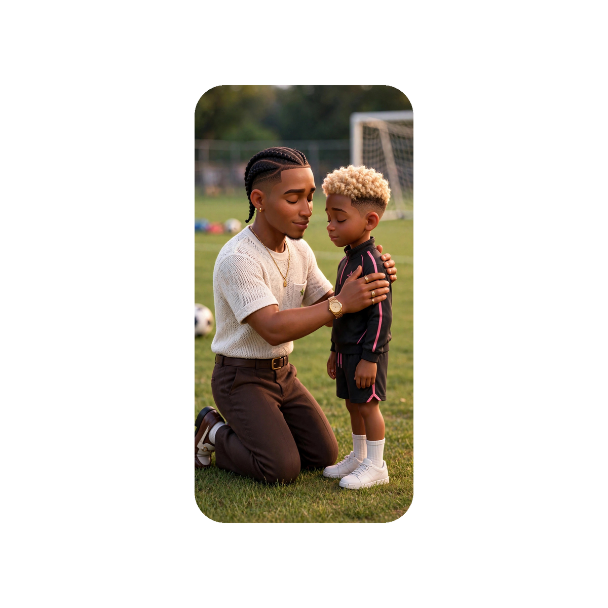 Father kneeling forehead to forehead with his young son on a soccer field